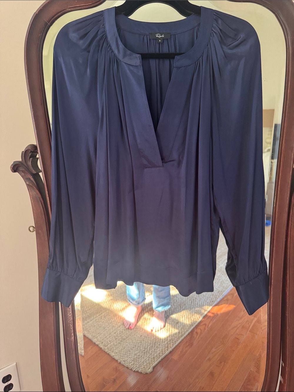 Rails Navy V-Neck Pleated Long-Sleeve Blouse